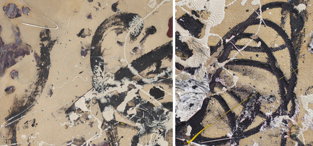 Left: Moving away from direct bodily contact with the canvas, Pollock makes use of a brush for applying paint. Here one can see black brushstrokes; Right: Similarly, Pollock uses the paint tube as a tool for regulating his mark-making