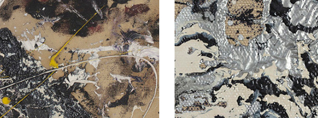 Compare the thick tendrils of artist oil impasto (at left) with the fluid, smooth surface of the enamel paint (right)