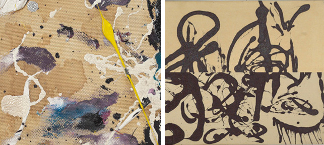 Left: A detail of the mottled darkening observed across the canvas of Number 1A; Right: A comparison of Echo’s upper and lower right corners. Note, the discoloration is evident, but it manifests in an even gradation: darkest at the top of the painting