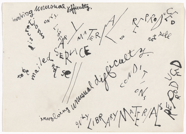 Jackson Mac Low. Drawing-Asymmetry #7. 1961. Ink on paper, 8 9/16 x 11 7/8" (21.7 x 30.2 cm). The Museum of Modern Art, New York. The Gilbert and Lila Silverman Fluxus Collection Gift, 2008 © 2014 The Estate of Jackson Mac Low