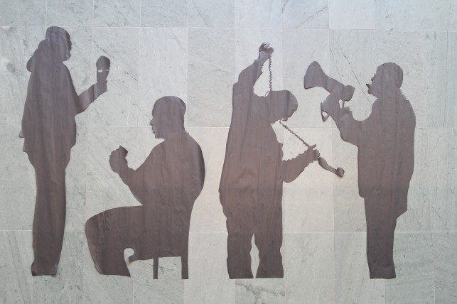 Arranging the silhouettes on the floor, and deciding upon our final "narrative" 