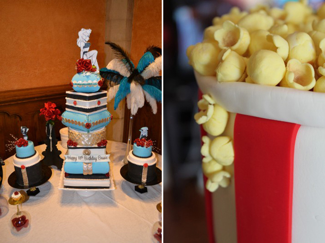 Left: A birthday cake made for the author by her mom; Right: A detail of sculpted “popcorn” on a finished cake