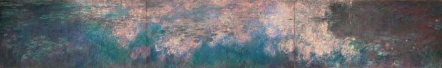 Claude Monet. <i>Water Lilies</i>. 1914–26. Oil on canvas, three panels, each 6' 6 3/4" x 13' 11 1/4" (200 x 424.8 cm), overall 6' 6 3/4" x 41' 10 3/8" (200 x 1276 cm). Mrs. Simon Guggenheim Fund