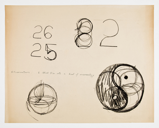 Simone Forti. Illuminations Drawings. 1972. Charcoal on paper and ink on newsprint, 19 x 24"