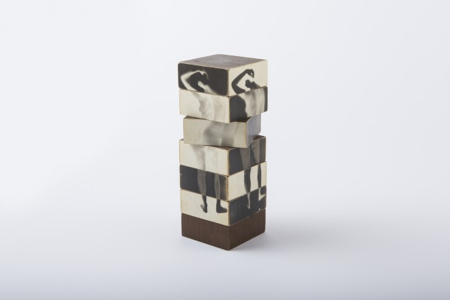 Robert Heinecken. Figure in Six Sections. 1965. Gelatin silver prints on wood blocks, 8 1/2 × 3 × 3″ (21.6 × 7.6 × 7.6 cm). Collection Kathe Heinecken; courtesy The Robert Heinecken Trust, Chicago. © 2014 The Robert Heinecken Trust
