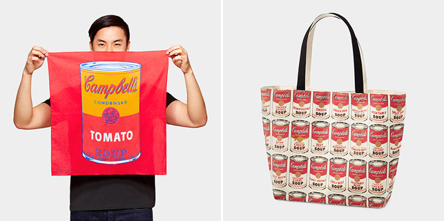 From left: UNIQLO Andy Warhol Soup Can Bandana; UNIQLO Andy Warhol Soup Can Tote Bag