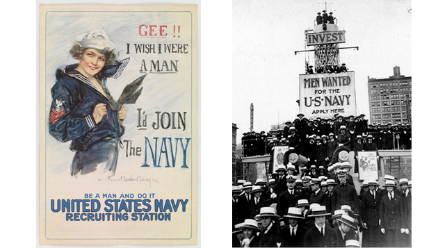 Left: 2.Howard Chandler. Christy, Gee!! I Wish I Were a Man, 1917. Lithograph. Gift of Abby Aldrich Rockefeller, 1940. The Museum of Modern Art, New York; Right: Photo of “yeomanettes” taken in New York City, May 8, 1919. Collection Naval History & Heritage Command