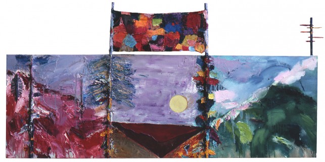 Joan Snyder. Norfolk Landscape. 1978. Oil, acrylic, fabric, sticks on canvas, 24 x 72" (61 x 182.9 cm). Private Collection