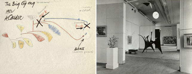 From left: Alexander Calder. The Big Gong. 1952. IC/IP, I.A.56. The Museum of Modern Art Archives; Installation view of Calder's The Big Gong (top) in Twelve Modern American Painters and Sculptors, Musée National d’Art Modern, Paris, 1953. IC/IP, I.A.64. The Museum of Modern Art Archives