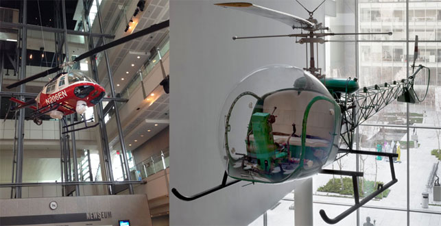 Maybe we’re not so different after all. From left: News helicopter at Newseum. Image courtesy Newseum; Arthur Young, Bell Helicopter Inc., Buffalo, NY. Bell-47D1 Helicopter. 1945. Aluminum, steel, and acrylic plastic. The Museum of Modern Art. Marshall Cogan Purchase Fund
