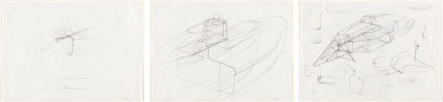 John Barnard. John Barnard.  Sketch for Engine Intake of Formula 1 Car, #639. 1987. Pencil on paper, 11 3/4 x 16 5/8" (29.8 x 42.3 cm). Gift of John Barnard. From left: Sketch for Engine Intake of Formula 1 Car, #639; Sketch for body joints of Formula 1 car, Model #639; Sketch for Radiator Inset, Joint of Formula 1 Car, Model No. 639. All by John Barnard. 1987. Pencil on paper, 11 3/4 x 16 5/8" (29.8 x 42.3 cm). Gift of John Barnard. All photos: John Wronn