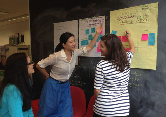 Lisa, Stephanie, and Jessica brainstorm activities to highlight in the course. Photo: Stephanie Pau