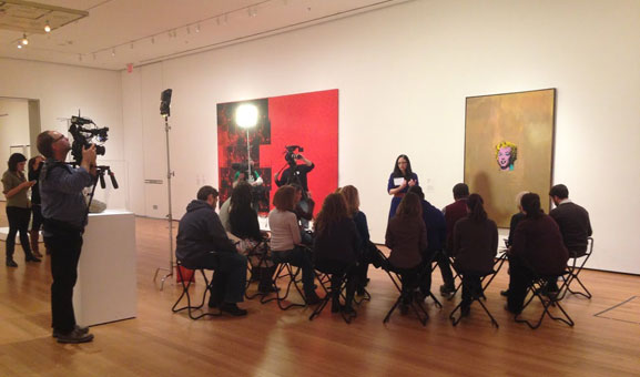 The video crew captures Lisa leading a teacher professional development session in MoMA's fourth-floor Painting and Sculpture Galleries. Photo: Stephanie Pau
