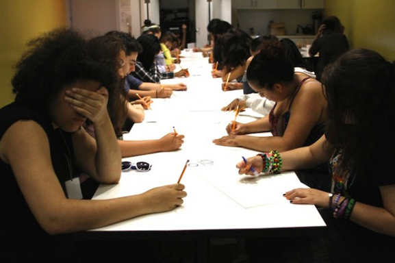 MoMA teens drawing self-portraits “under the influence”