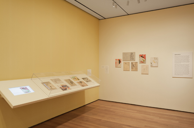 Theater programs designed by Toulouse-Lautrec and others installed in the exhibition The Paris of Toulouse-Lautrec: Prints and Posters