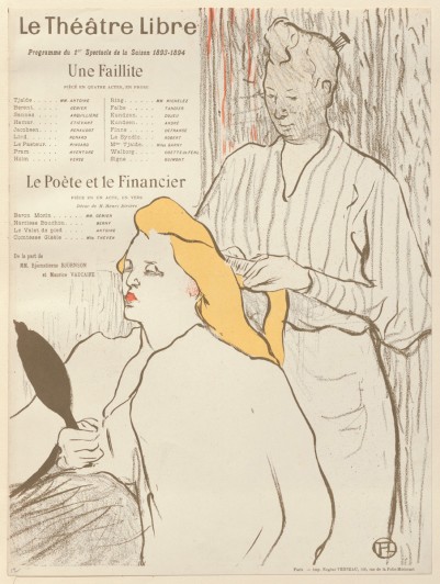 Henri de Toulouse-Lautrec. The Hairdresser (La Coiffure), program for Bankruptcy (Une Faillite) and The Poet and the Financier (Le Poète et le financier) at the Théâtre Libre, Paris. 1893. Lithograph, sheet: 12 5/8 x 9 3/4 in. (32 x 24.7 cm). Edition size: probably several hundred. The Museum of Modern Art, New York. Johanna and Leslie J. Garfield Fund, Mary Ellen Oldenburg Fund, and Sharon P. Rockefeller Fund, 2008
