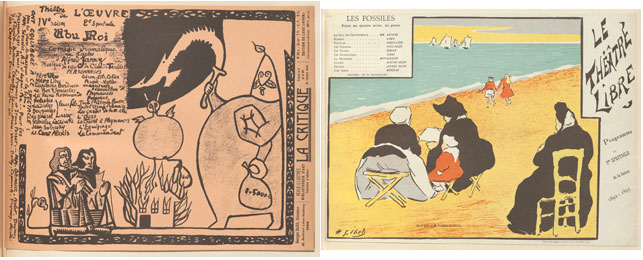 Left: Alfred Jarry. Program for King Ubu (Ubu Roi) at the Théâtre de l’Oeuvre, Paris. 1896. Lithograph, sheet: 9 11/16 x 12 11/16 in. (24.6 x 32.3 cm). The Museum of Modern Art, New York. Johanna and Leslie J. Garfield Fund, Mary Ellen Oldenburg Fund, and Sharon P. Rockefeller Fund, 2008; right: Henri-Gabriel Ibels. Program for The Fossils (Les Fossiles) at the Théatre Libre, Paris. 1892. Lithograph, sheet: 9 3/8 x 12 11/6 in. (23.8 x 32.2 cm). The Museum of Modern Art, New York. Johanna and Leslie J. Garfield Fund, Mary Ellen Oldenburg Fund, and Sharon P. Rockefeller Fund, 2008