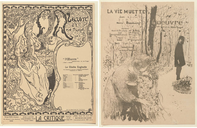 From left: Paul Ranson. Program for The Sunken Bell (La Cloche engloutie) at the Théâtre de l’Oeuvre, Paris. 1897. Lithograph, sheet: 12 1/2 x 9 5/8 in. (31.7 x 24.5 cm). The Museum of Modern Art, New York. Johanna and Leslie J. Garfield Fund, Mary Ellen Oldenburg Fund, and Sharon P. Rockefeller Fund, 2008; Édouard Vuillard. Program for The Silent Life (La Vie muette) at the Théâtre de l’Oeuvre, Paris. 1894. Lithograph, sheet: 12 5/8 x 9 9/16 in. (32.1 x 24.3 cm). The Museum of Modern Art, New York. Johanna and Leslie J. Garfield Fund, Mary Ellen Oldenburg Fund, and Sharon P. Rockefeller Fund, 2008