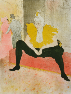 Henri de Toulouse-Lautrec. Seated Clowness (Mademoiselle Cha-u-ka-o) (La Clownesse assise) from Elles. 1896. Sheet: 20 7/8 × 15 13/16" (53 × 40.2 cm).  One from a portfolio of twelve lithographs. The Museum of Modern Art, New York. Gift of Abby Aldrich Rockefeller
