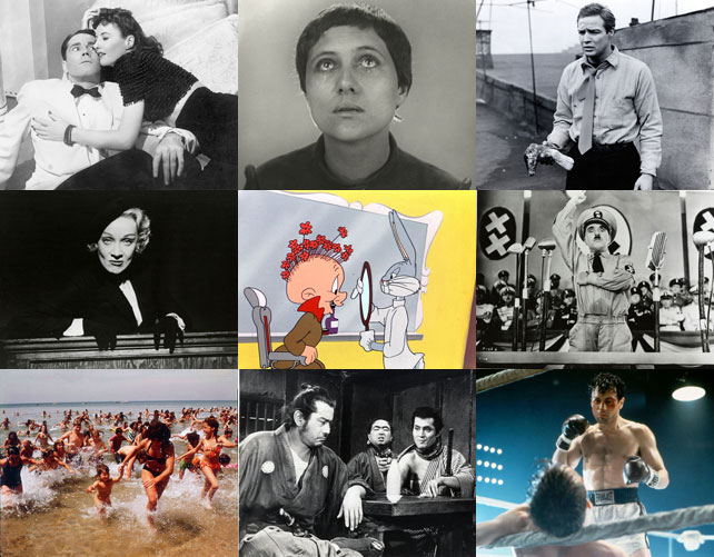 Clockwise, from top left: The Lady Eve. 1941. USA. Written and directed by Preston Sturges; The Passion of Joan of Arc. 1928. France. Directed by Carl Theodor Dreyer; On the Waterfront. 1954. USA. Directed by Elia Kazan; The Great Dictator. 1940. USA. Directed, produced, and written by Charles Chaplin; Raging Bull. 1980. USA. Directed by Martin Scorsese; Yojimbo. 1961. Japan. Directed by Akira Kurosawa; Jaws. 1975. USA. Directed by Steven Spielberg; Witness for the Prosecution. 1957. USA. Directed by Billy Wilder; Rabbit of Seville. 1950. USA. Directed by Charles M. (Chuck) Jones