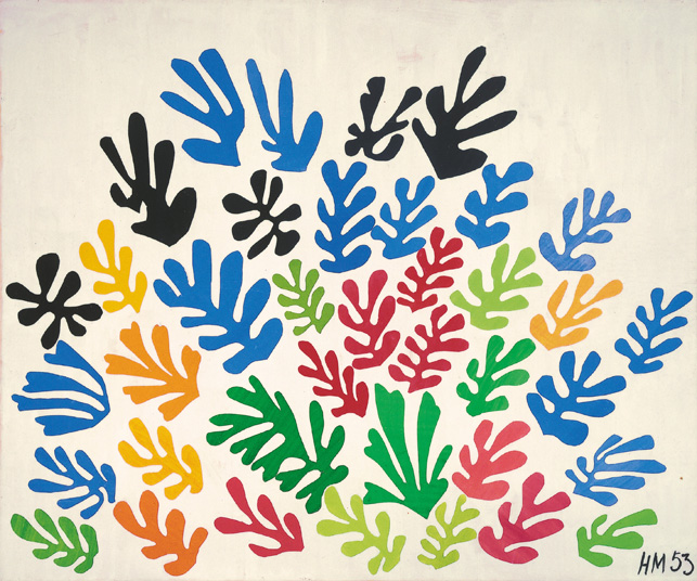 Henri Matisse (French, 1869-1954). The Sheaf (La Gerbe), 1953. Maquette for ceramic (realized 1953). Gouache on paper, cut and pasted, on paper, mounted on canvas. 115 ¾ x 137 ¾” (294 x 350 cm). Collection University of California, Los Angeles. Hammer Museum. Gift of Mr. and Mrs. Sidney F. Brody. © 2014 Succession H. Matisse/Artists Rights Society (ARS), New York