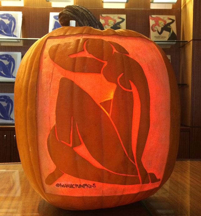 Maniac Pumpkin Carvers' Halloween re-creation of Henri Matisse's Blue Nude sits in the MoMA film lobby