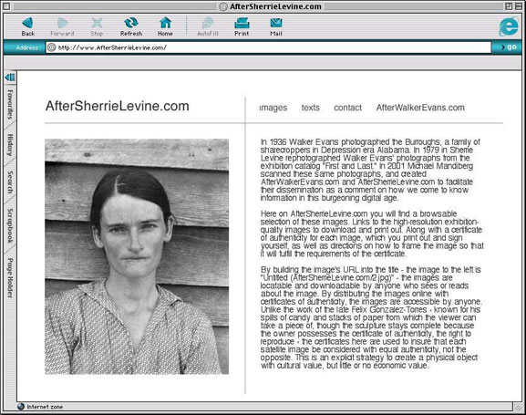 Michael Mandiberg. Screenshot of AfterSherrieLevine.com. 2001