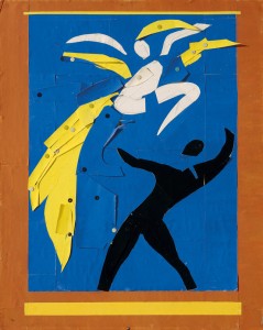 Henri Matisse. Two Dancers (Deux danseurs). 1937–38. Stage curtain design for the ballet Rouge et Noir. Gouache on paper, cut and pasted, notebook papers, pencil, and thumbtacks, 31 9/16 x 25 3/8” (80.2 x 64.5 cm). Musée national d’art moderne/Centre de création industrielle, Centre Georges Pompidou, Paris. Dation, 1991. © 2014 Succession H. Matisse / Artists Rights Society (ARS), New York