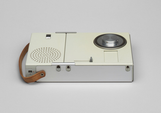 Dieter Rams. Portable Transistor Radio and Phonograph (model TP 1) (shown closed). 1959. Plastic casing, aluminum frame, and leather strap, 1 3/4 X 9 1/4 X 6″. Gift of the manufacturer