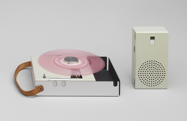Dieter Rams. Portable Transistor Radio and Phonograph (model TP 1). 1959. Plastic casing, aluminum frame, and leather strap, 1 3/4 X 9 1/4 X 6″. Gift of the manufacturer