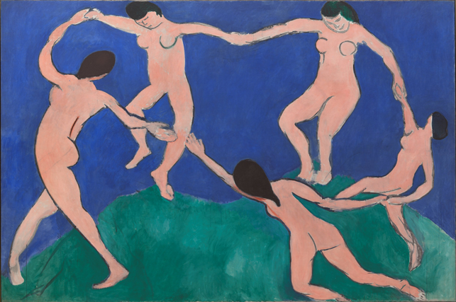 Henri Matisse. Dance (I). Paris, Boulevard des Invalides, early 1909. Oil on canvas, 8′ 6 1/2″ x 12′ 9 1/2″ (259.7 x 390.1 cm). The Museum of Modern Art, New York. Gift of Nelson A. Rockefeller in honor of Alfred H. Barr, Jr. © 2014 Succession H. Matisse/Artists Rights Society (ARS), New York