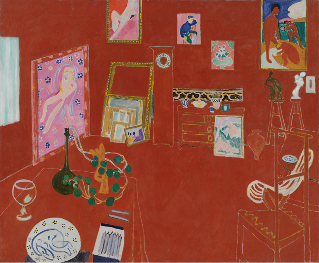 Henri Matisse. The Red Studio. Issy-les-Moulineaux, fall 1911. Oil on canvas, 71 1/4" x 7' 2 1/4" (181 x 219.1 cm). The Museum of Modern Art, New York. Mrs. Simon Guggenheim Fund. © 2014 Succession H. Matisse/Artists Rights Society (ARS), New York