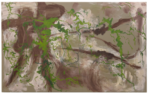 Michaela Eichwald. The Return of the Bodies in the Landscape [Die Rückkehr der Körper in die Landschaft]. 2014. Oil, synthetic polymer paint, and graphite on synthetic leather, 51 3/16 x 82 11/16" (130 x 210 cm). Mima and César Reyes Collection, Puerto Rico. Courtesy dépendance, Brussels. Photo: Matt Grubb