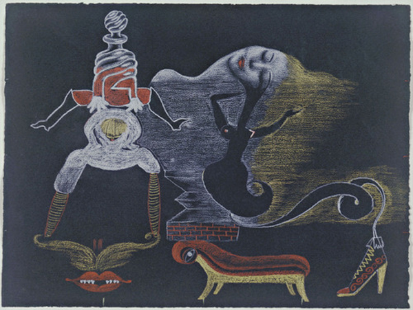 Cadavre Exquis with Valentine Hugo, André Breton, Tristan Tzara, Greta Knutson.  Landscape. (c. 1933). Colored pencil on black paper, 9 1/2 x 12 1/2" (24.1 x 31.7 cm). The Museum of Modern Art, New York. Purchase