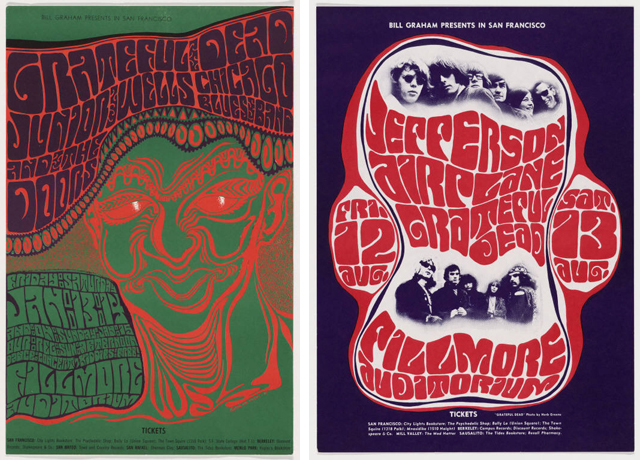 Wes Wilson (Robert Wesley Wilson). Grateful Dea, Junior Wells, Chicago Blues Band, and The Doors. 1966. Offset Lithograph, 22 3/4 x 14" (57.8 x 35.5 cm). Gift of Joseph H. Heil; Wes Wilson (Robert Wesley Wilson). Jefferson Airplane / Grateful Dead. 1966. Lithograph, 20 x 14 1/4" (50.8 x 36.2 cm). Gift of the designer 