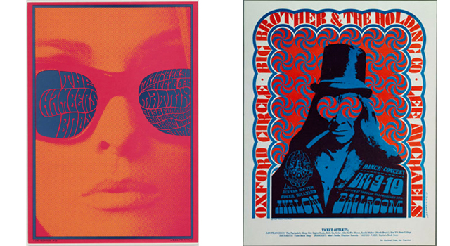 All works collection of The Museum of Modern Art, New York. From left: Victor Moscoso. The Chambers Brothers. 1967. Offset Lithograph,  20 x  14 1/4" ( 50.8 x  36.8 cm). Gift of Jack Banning; Victor Moscoso. Big Brother and the Holding Company. 1967. Offset lithograph, 18 X 14 1/2. Gift of the designer