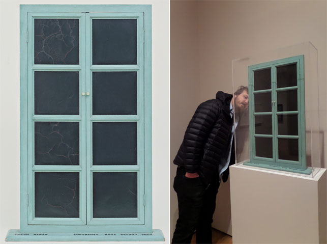 From left: Marcel Duchamp. Fresh Widow. New York, 1920. Miniature French window, painted wood frame, and panes of glass covered with black leather, 30 1/2 x 17 5/8" (77.5 x 44.8 cm), on wood sill 3/4 x 21 x 4" (1.9 x 53.4 x 10.2 cm). The Museum of Modern Art, New York. Katherine S. Dreier Bequest. Photograph by Mali Olatunji. © 2015 Artists Rights Society (ARS), New York/ADAGP, Paris/Estate of Marcel Duchamp; Michael Williams examines the back of Fresh Widow; Photograph by Naomi Kuromiya