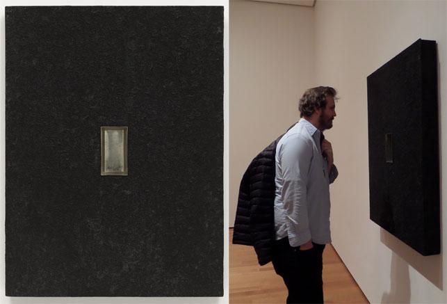 From left: Donald Judd. Relief. 1961. Oil on composition board mounted on wood, with inset tinned steel baking pan, 48 1/8 x 36 1/8 x 4" (122.2 x 91.8 x 10.2 cm). The Museum of Modern Art, New York. Gift of Barbara Rose. Photograph by Jonathan Muzikar; Michael Williams examines Relief. Photograph by Naomi Kuromiya