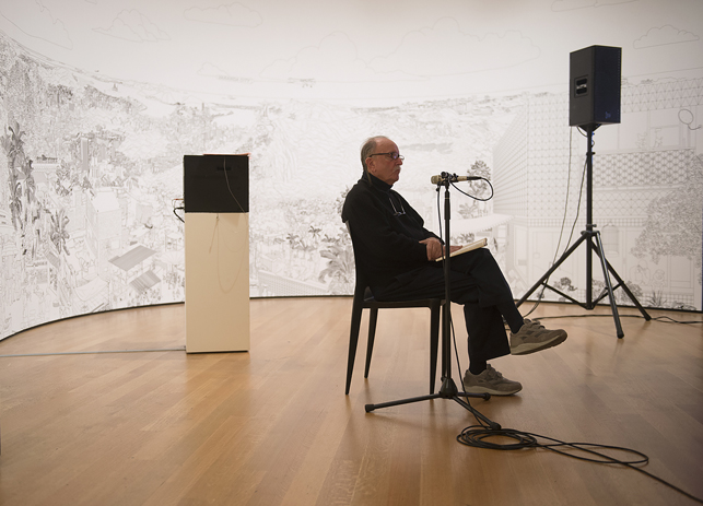 Alvin Lucier recording I Am Sitting in a Room at The Museum of Modern Art, New York, on Saturday, December 20, 2014. Assisted by James Fei and accompanied by his wife Wendy Stokes. Photo: Amanda Lucier. © 2015 Amanda Lucier