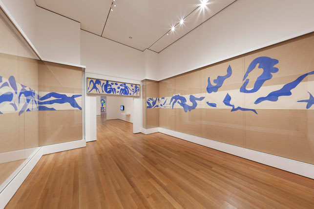 Installation view of The Swimming Pool (1952) in the exhibition Henri Matisse: The Cut-Outs at The Museum of Modern Art, New York (October 12, 2014–February 10, 2015). Photo by Jonathan Muzikar. © 2015 The Museum of Modern Art