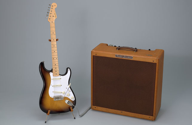 Leo Fender, George Fullerton, Freddie Tavares. Left: Fender Stratocaster Electric Guitar. Designed 1954, this example 1957. Wood, metal, and plastic. Right: Fender Bassman amplifier. 1959. Wood, metal, and plastic. Committee on Architecture and Design Funds