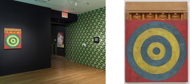 Left: Installation view of Sturtevant: Double Trouble, The Museum of Modern Art, November 9, 2014–February 22, 2015. © 2014 The Museum of Modern Art. Photo: Thomas Griesel. All works by Sturtevant © Estate Sturtevant, Paris; Right: Jasper Johns. Target with Four Faces. 1955. Encaustic on newspaper and cloth over canvas surmounted by four tinted-plaster faces in wood box with hinged front, overall, with box open, 33 5/8 x 26 x 3" (85.3 x 66 x 7.6 cm); canvas 26 x 26" (66 x 66 cm); box (closed) 3 3/4 x 26 x 3 1/2" (9.5 x 66 x 8.8 cm). The Museum of Modern Art, New York. Gift of Mr. and Mrs. Robert C. Scull. © 2015 Jasper Johns/Licensed by VAGA, New York, NY