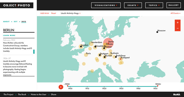 A screen grab of the Object:Photo website showing a map of selected events in László Moholy-Nagy’s life