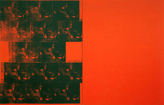 Andy Warhol. Orange Car Crash Fourteen Times. 1963. Silkscreen ink on synthetic polymer paint on two canvases, 8' 9 7/8" x 13' 8 1/8" (268.9 x 416.9 cm). The Museum of Modern Art, New York. Gift of Philip Johnson. Photograph by Paige Knight. © 2015 Andy Warhol Foundation for the Visual Arts/Artists Rights Society (ARS), New York