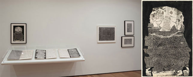 From left: Installation view of Jean Dubuffet: Soul of the Underground, The Museum of Modern Art, October 18, 2014–April 5, 2015. Photograph by John Wronn; Jean Dubuffet. Beard Wine (Le Vin de barbe). 1959. Torn-and-pasted paper with ink and ink transfer on paper, 20 x 13 1/4" (50.8 x 33.6 cm). The Museum of Modern Art, New York. Nina and Gordon Bunshaft Bequest, 1995. Photograph by Thomas Griesel. © 2015 Artists Rights Society (ARS), New York/ADAGP, Paris
