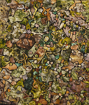 Jean Dubuffet. Soil Ornamented with Vegetation, Dead Leaves, Pebbles, Diverse Debris (Sol historié de végétation, feuilles mortes, cailloux, débris divers). 1956. Oil and collage on canvas, 35 1/8 x 30 3/8" (89.3 x 77.1 cm). The Museum of Modern Art, New York. Purchased from proceeds in the Mr. and Mrs. Ralph F. Colin Fund in honor of Ralph F. Colin with additional funds from a gift of Philip Johnson (by exchange), 1992. Photograph by Paige Knight. © 2015 Artists Rights Society (ARS), New York/ADAGP, Paris