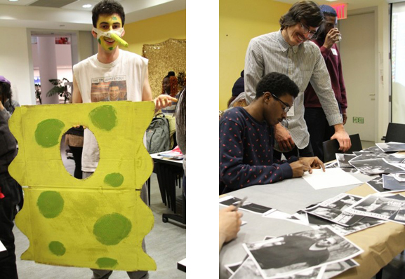 Left: SpongeBob SquarePants makes an appearance during the I AM a God! course; right: Adam Parker Smith oversees a carbon-transfer project exploring tabloid culture 