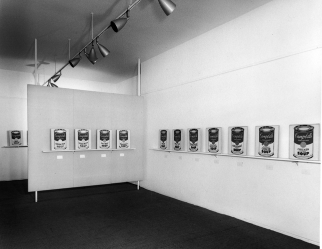 Installation view, Ferus Gallery, Los Angeles, 1962, with Campbell’s Soup Cans. Photograph: Seymour Rosen. © SPACES—Saving and Preserving Arts and Cultural Environments