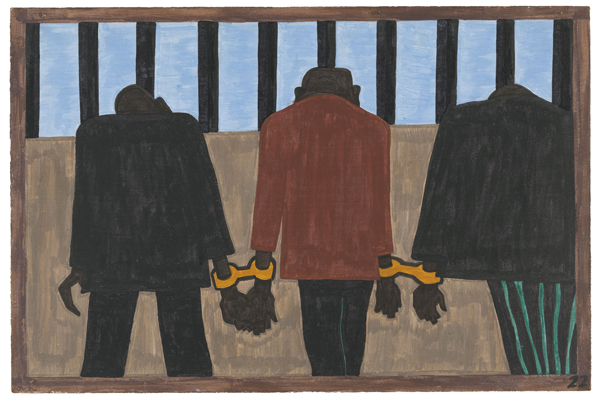 Jacob Lawrence. The Migration Series. 1940-41. Panel 22: “Another of the social causes of the migrants’ leaving was that at times they did not feel safe, or it was not the best thing to be found on the streets late at night. They were arrested on the slightest provocation.” Casein tempera on hardboard, 18 x 12″ (45.7 x 30.5 cm). The Museum of Modern Art, New York. Gift of Mrs. David M. Levy. © 2015 The Jacob and Gwendolyn Knight Lawrence Foundation, Seattle/Artists Rights Society (ARS), New York. Digital image © The Museum of Modern Art/Licensed by SCALA/Art Resource, NY