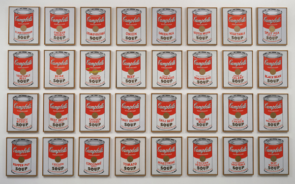 Andy Warhol. Campbell’s Soup Cans. 1962. Synthetic polymer paint on thirty-two canvases, each canvas: 20 x 16″ (50.8 x 40.6 cm). The Museum of Modern Art. Partial gift of Irving Blum. Additional funding provided by Nelson A. Rockefeller Bequest, gift of Mr. and Mrs. William A. M. Burden, Abby Aldrich Rockefeller Fund, gift of Nina and Gordon Bunshaft in honor of Henry Moore, Lillie P. Bliss Bequest, Philip Johnson Fund, Frances R. Keech Bequest, gift of Mrs. Bliss Parkinson, and Florence B. Wesley Bequest (all by exchange), 1996. © 2015 Andy Warhol Foundation/ARS, NY/TM Licensed by Campbell’s Soup Co. All rights reserved